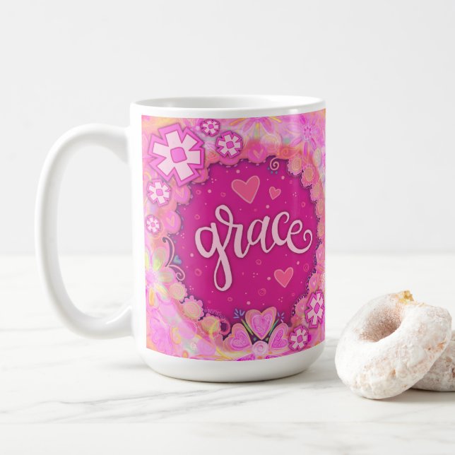 Mug Jolie grâce rose inspirant un seul mot d'art (Avec donut)