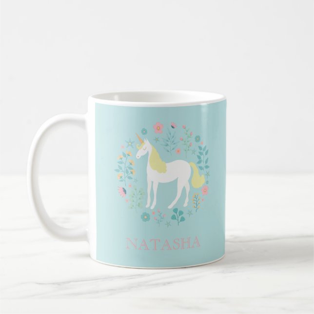 Mug Jolie licorne & Fleurs Aqua Personnalisé (Gauche)
