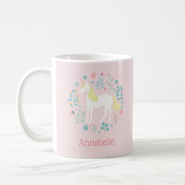 Mug Jolie licorne & Fleurs rose pâle Personnalisé (Gauche)