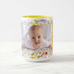Mug Jolie photo de bébé fille à l'aquarelle florale ro