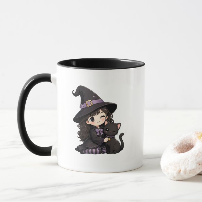 Mug Jolie sorcière et chat noir (Avec donut)