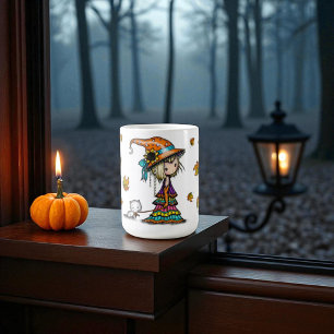 Mug Jolie Sorcière Halloween & Kitten avec feuilles d'