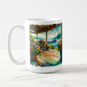 Mug Jolie terrasse avec vue sur le lac et les fleurs
