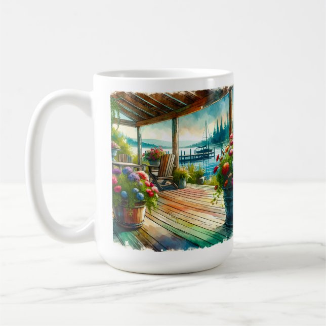 Mug Jolie terrasse avec vue sur le lac et les fleurs (Gauche)