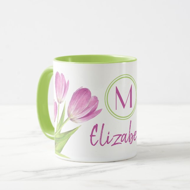 Mug Jolie Tulipes Roses Ressort Élégant Monogramme Flo (Devant gauche)