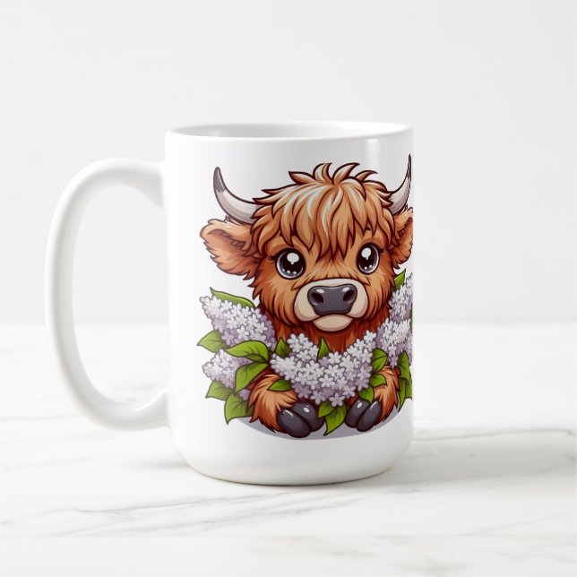 Mug Jolie vache Highland Holding Lilacs (Gauche)