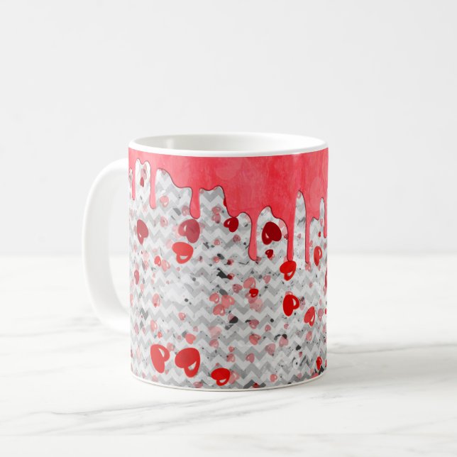 Mug Jolies Coeurs Rouges Romantiques Design qui Dégoul (Devant gauche)