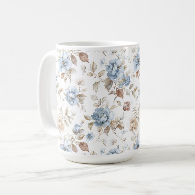 Mug Jolies Fleurs Bleues Crème Marron Brun (Devant gauche)
