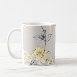 Mug jolies fleurs jaunes avec motif feuille gris sur g