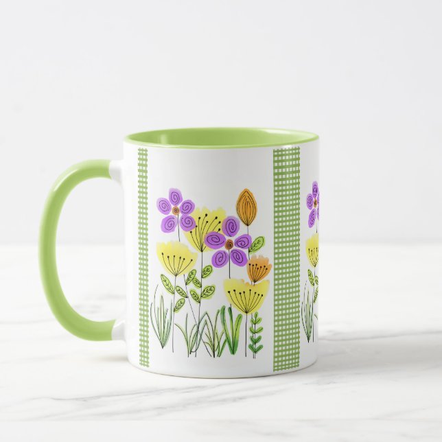 Mug Jolies fleurs sauvages à l'aquarelle avec gingham  (Gauche)
