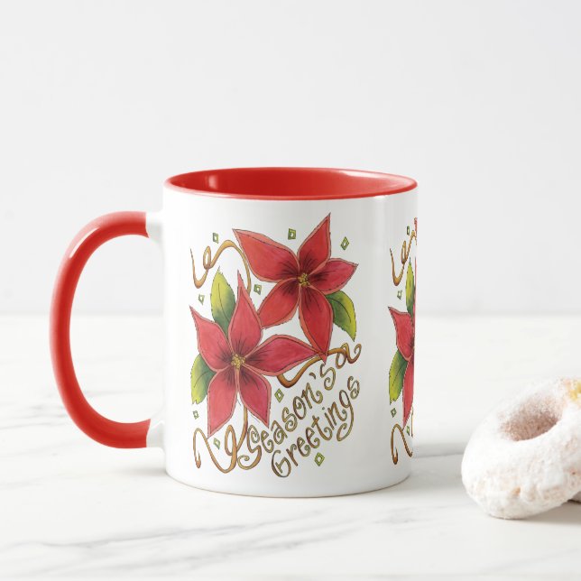 Mug Jolies salutations de Noël avec des poinsettias (Avec donut)