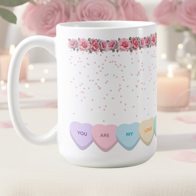Mug Jolis cœurs et roses de bonbons de la Saint-Valent (Share your sweetest sentiments this Valentine's Day with a Candy Heart Mug )