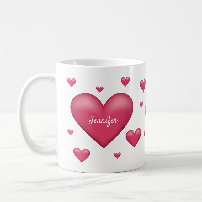 Mug Jolis cœurs roses avec un nom personnalisé (Gauche)