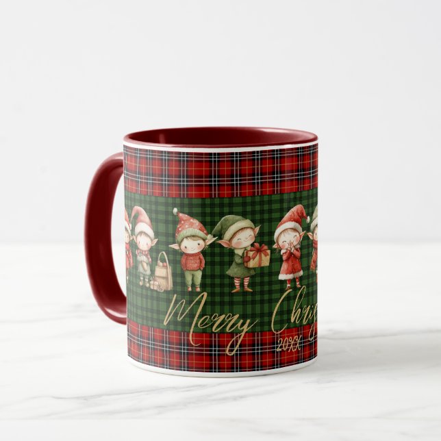 Mug Jolis Elfes Occupés Joyeux Noël Vert Plaids Rouges (Devant gauche)
