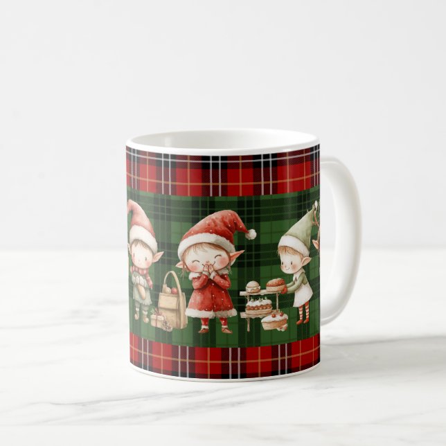 Mug Jolis Elfes Occupés Noël Plaids Verts  (Devant droit)
