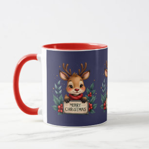 Mug Jolis rennes de Noël avec du houx et un panneau