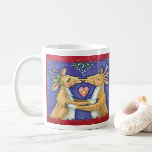 Mug Jolis rennes de Noël, baiser romantique avec du gu (Avec donut)
