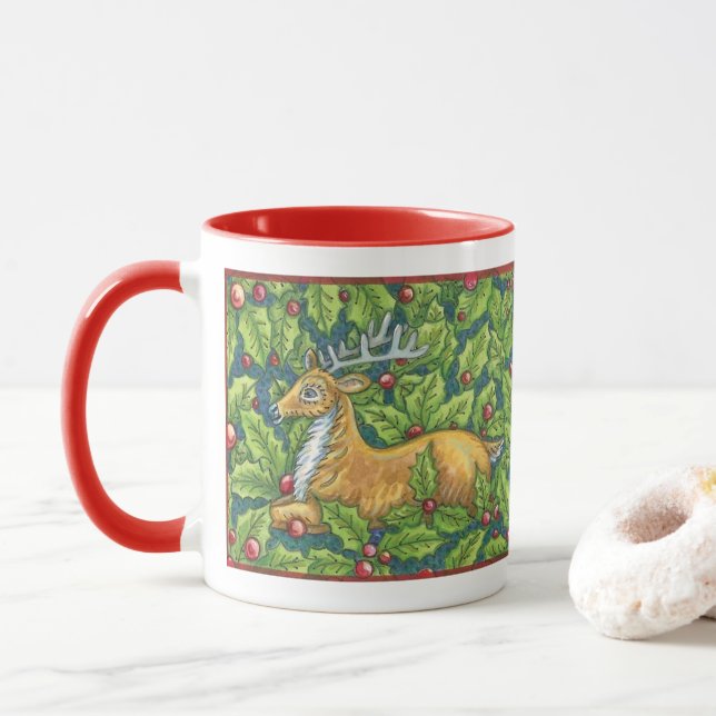 Mug Jolis rennes de Noël dans la forêt avec du houx (Avec donut)