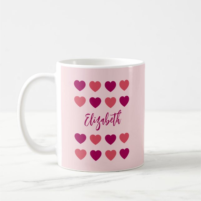 Mug Jolis Tons de Coeurs Roses Écriture Cursive Nom (Gauche)
