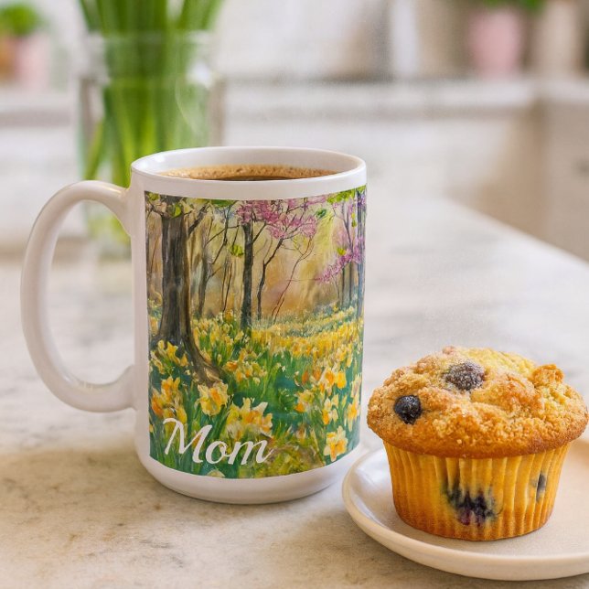 Mug Jonquilles de printemps maman  (Mom’s forest mug with daffodils a warm, nature-inspired gift for spring mornings and Mother’s Day.)