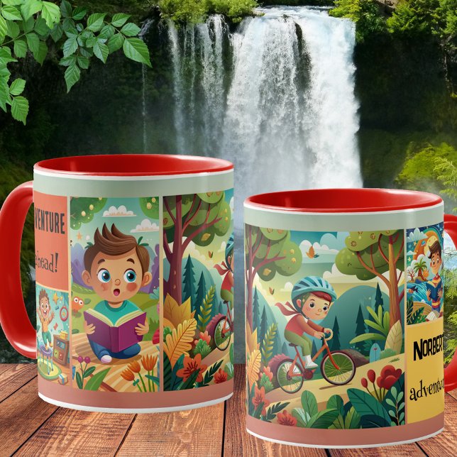 Mug Jote Kid Illustrations personnalisées Adventure Mu (Kids adventure mug featuring your custom illustrations on a colorful background)