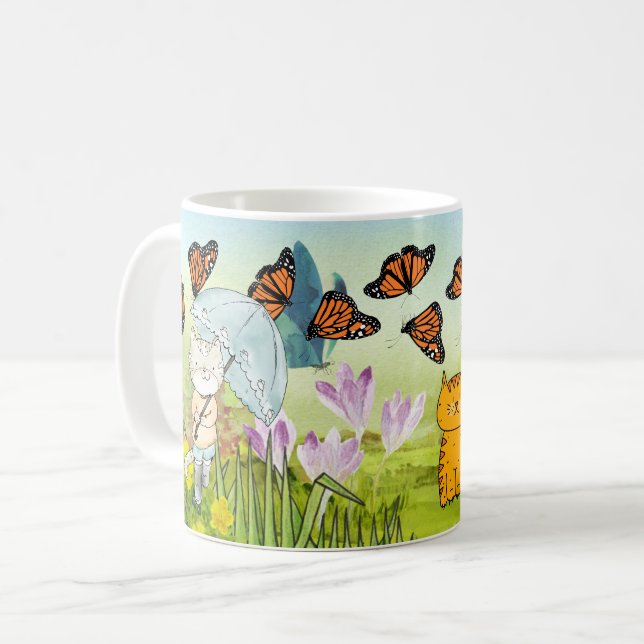 Mug Jouer la scène de la nature avec chat et papillon (Devant gauche)