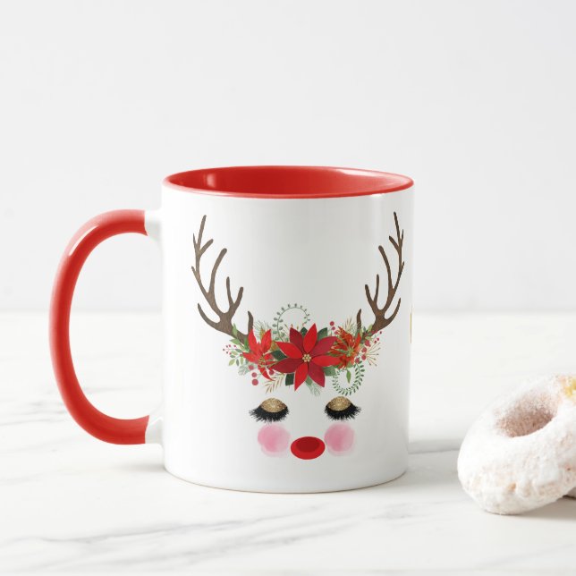 Mug Joues Roses Yeux Dorés Floral Renne Fêtes (Avec donut)