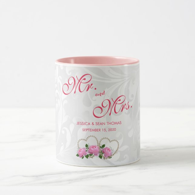 Mug Jour de mariage Damassé Cœurs de perle et roses (Centre)