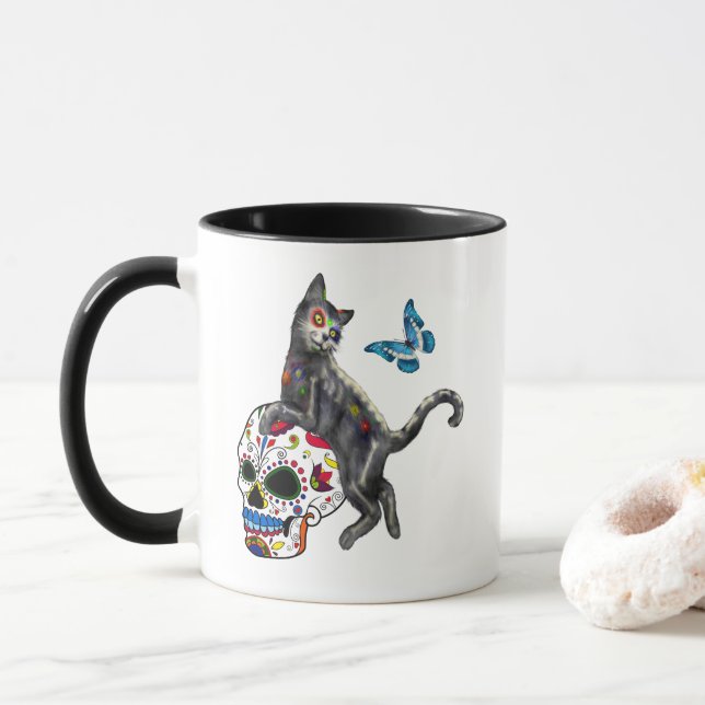 Mug Jour Des Morts Chat Crâne De Sucre Et Papillon (Avec donut)