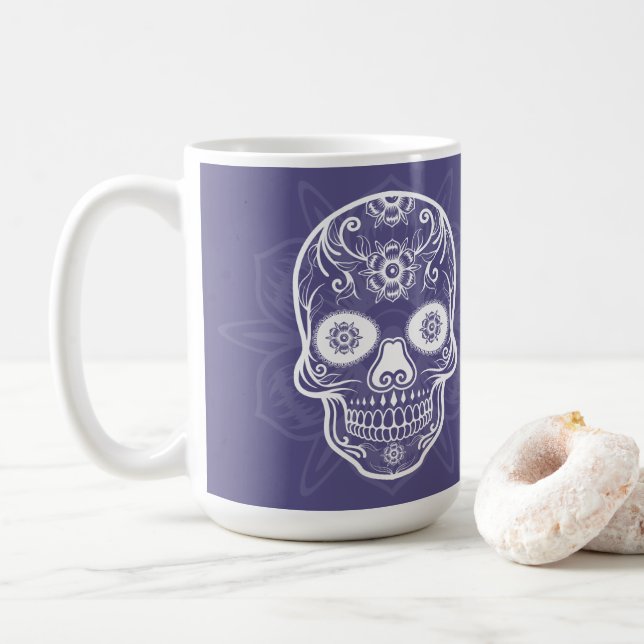 Mug Jour Des Morts Crâne Violet Sucre Blanc (Avec donut)