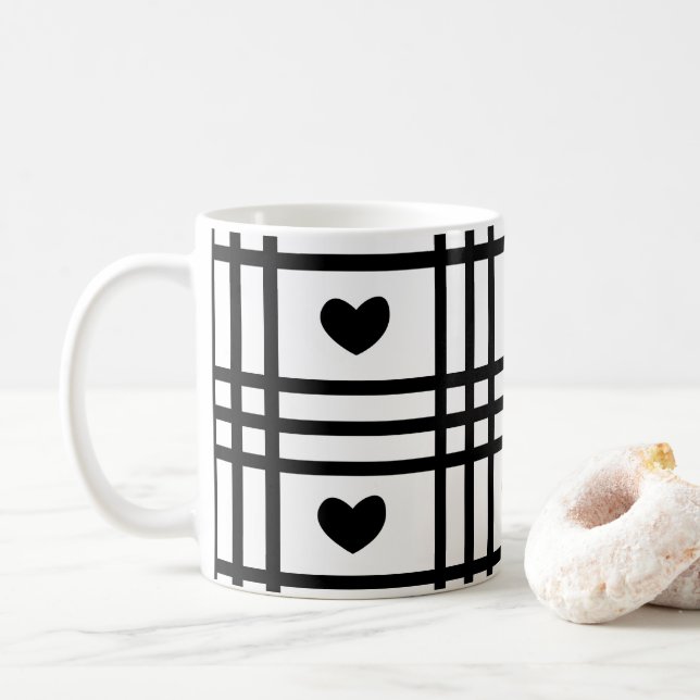 Mug Jour des Valentines des Coeurs Noirs et Blancs (Avec donut)