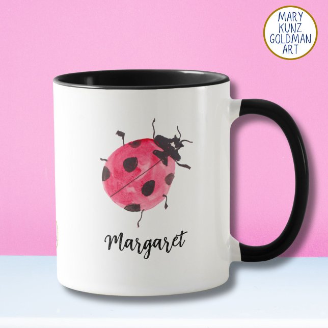 Mug Jour des Valentines illustrées à la main par une a (Our pretty ladybug mug pops with your choice of accent color: bold red, soft pink, classic black.)