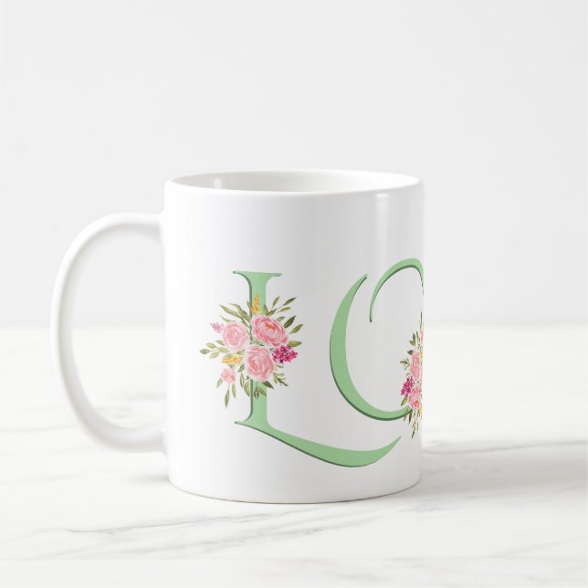 Mug Jour des Valentines - Mint green LOVE, roses rose  (Gauche)
