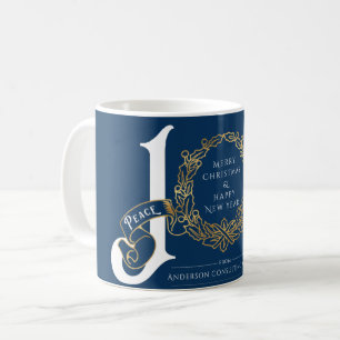 Mug Joy Peace Love Blue Gold Entreprise Cadeau de Noël