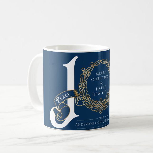 Mug Joy Peace Love Blue Gold Entreprise Cadeau de Noël (Devant gauche)