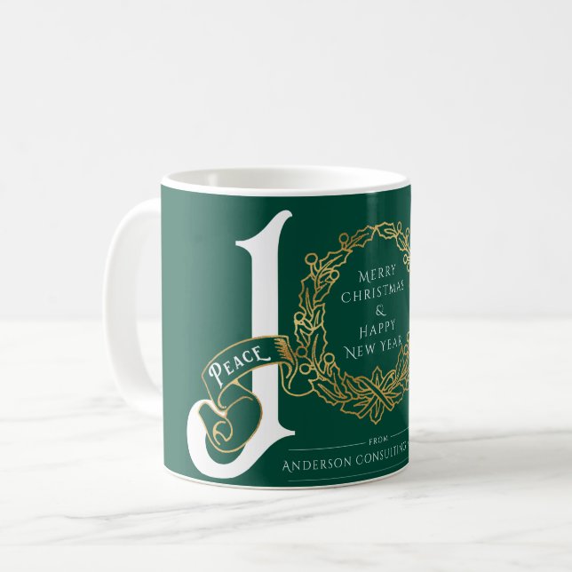 Mug Joy Peace Love Green Gold Entreprise Cadeau de Noë (Devant gauche)