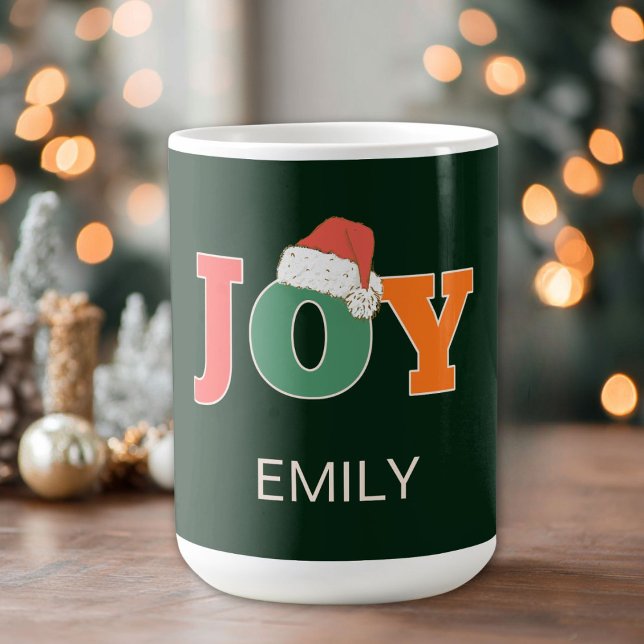 Mug JOY ! Typographie de script Santa Hat personnalisé (JOY! Santa Hat Script Typography Custom Coffee Mug)