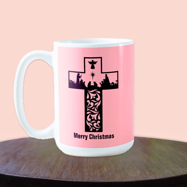 Mug Joyeuse Croix rose de Noël | Nativité (Merry Christmas Pink Cross | Nativity Coffee Mug)