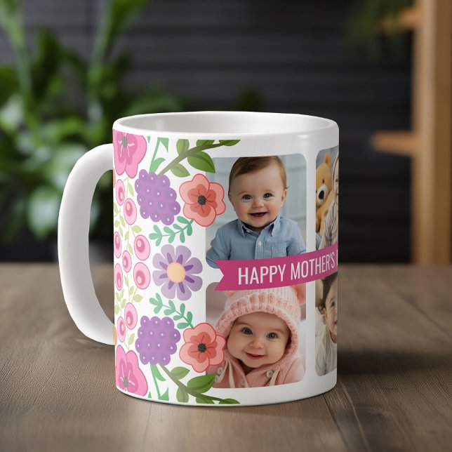 Mug Joyeuse fête des mères Custom 4 Photo Collage Fleu (Custom Photo Mug)