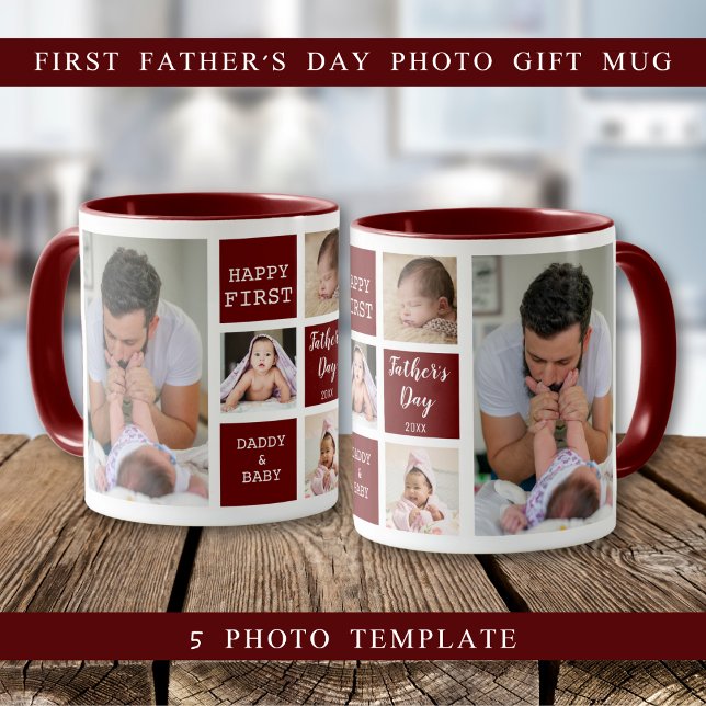Mug Joyeuse première Fête des pères 5 photo Collage Ma (Happy First Father's Day 5 Photo Collage Maroon Mug
)