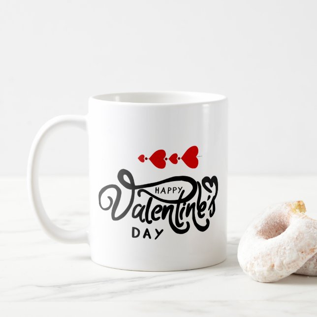 Mug Joyeuse Saint-Valentin calligraphie Cœurs Rouges F (Avec donut)