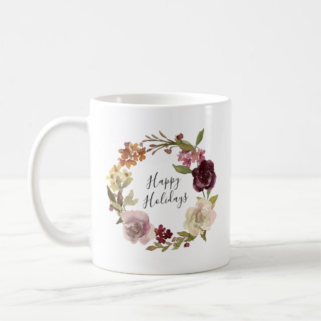Mug Joyeuses Fêtes Couronne Florale Aquarelle (Gauche)