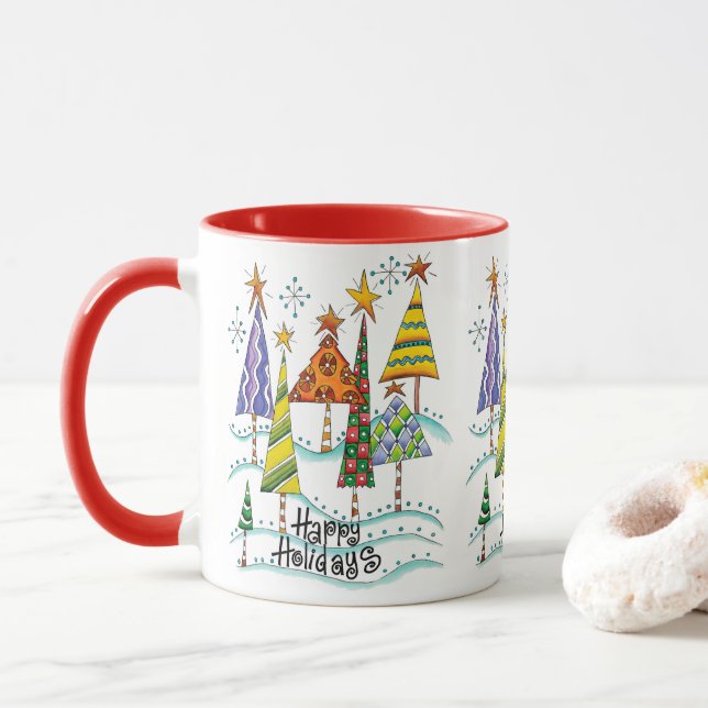 Mug Joyeuses Fêtes ! Jolis Arbres de Noël avec Étoiles (Avec donut)