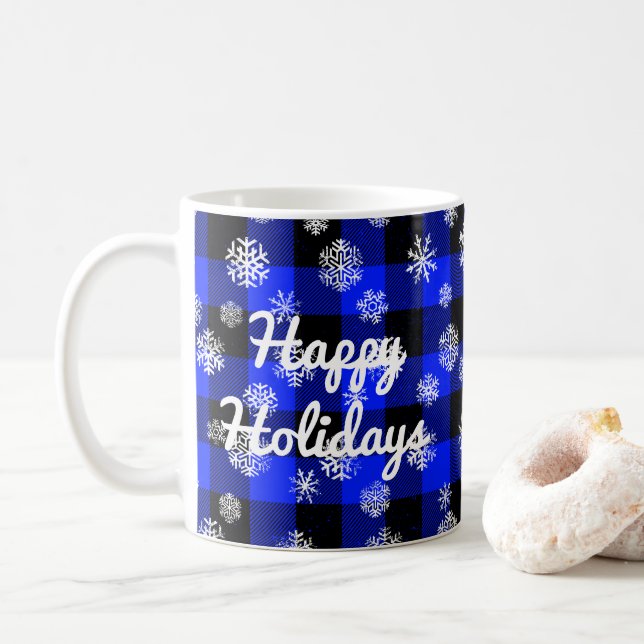 Mug Joyeuses fêtes l Snowflakes Blue Buffalo Plaid (Avec donut)