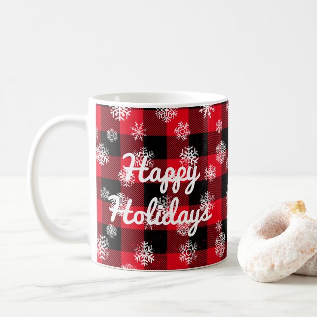 Mug Joyeuses fêtes l Snowflakes Red Buffalo Plaid (Avec donut)