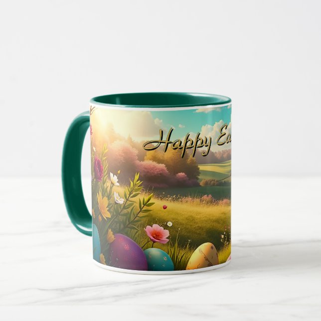 Mug Joyeuses Pâques dans un paysage printanier (Devant gauche)