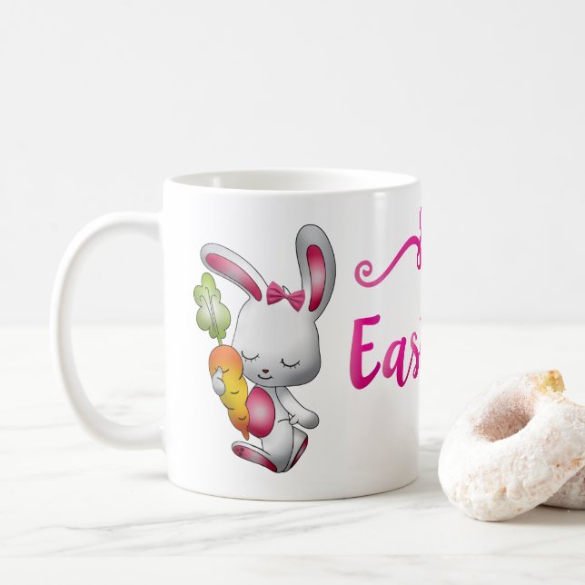 Mug Joyeuses Pâques Lapin Blanc Script Rose Personnali (Avec donut)