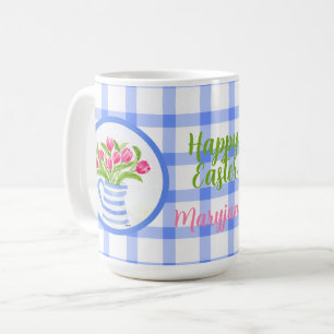 Mug Joyeuses Pâques Tulipes Aquarelle Bleu Vichy