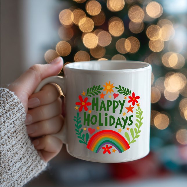 Mug Joyeuses Vacances Arc-en-ciel mignon à la main col (Happy Holidays Rainbow Cute Hand-drawn Colorful Coffee Mug
)