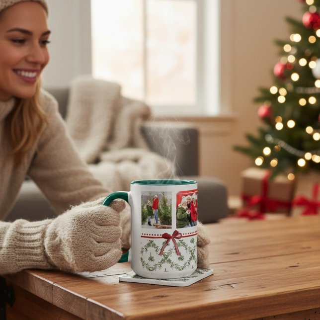 Mug Joyeuses vacances Mistletoe Red Bow Family Photo (Créateur téléchargé)